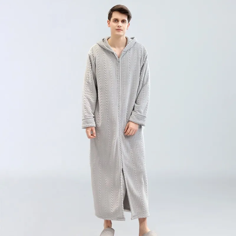 Popular Men\'s Plus Fat and Oversized Home Clothes Winter Flannel Pajamas Zipper Bathrobe Warm Pajamas Solid Color Long Pajamas