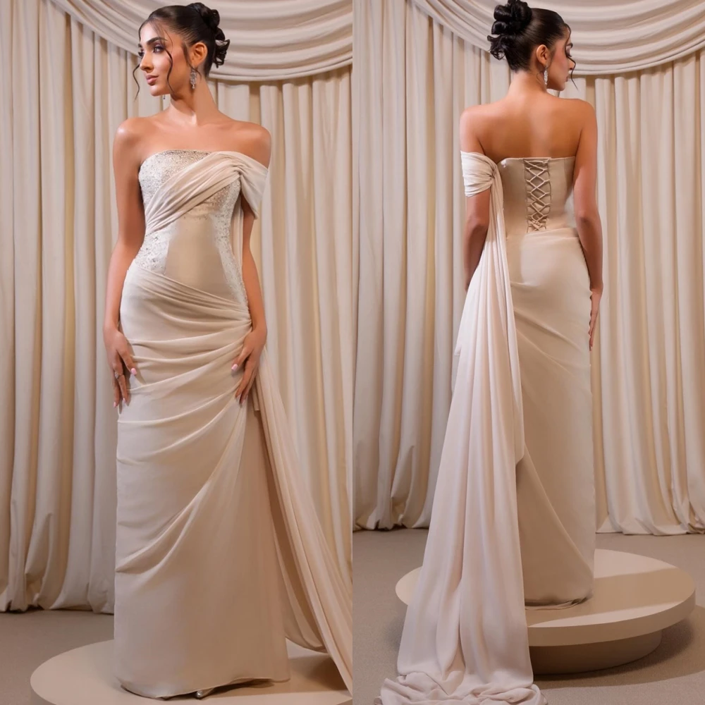 

Customized Simple beige Chiffon Evening Dress Elegant One Shoulder Strapless Party Dress Classic Crystal Lace Up Back Prom Dress