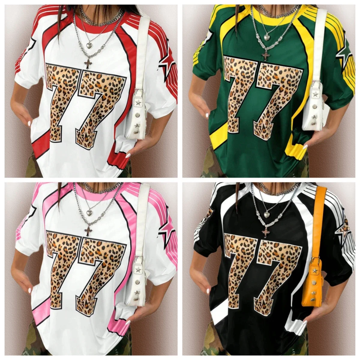 

2025 Leopard Number 77 T-Shirt Women Summer Sexy Oversized V-neck Tee Harajuku Trend Short Sleeve Female Streetwear Womens Tops