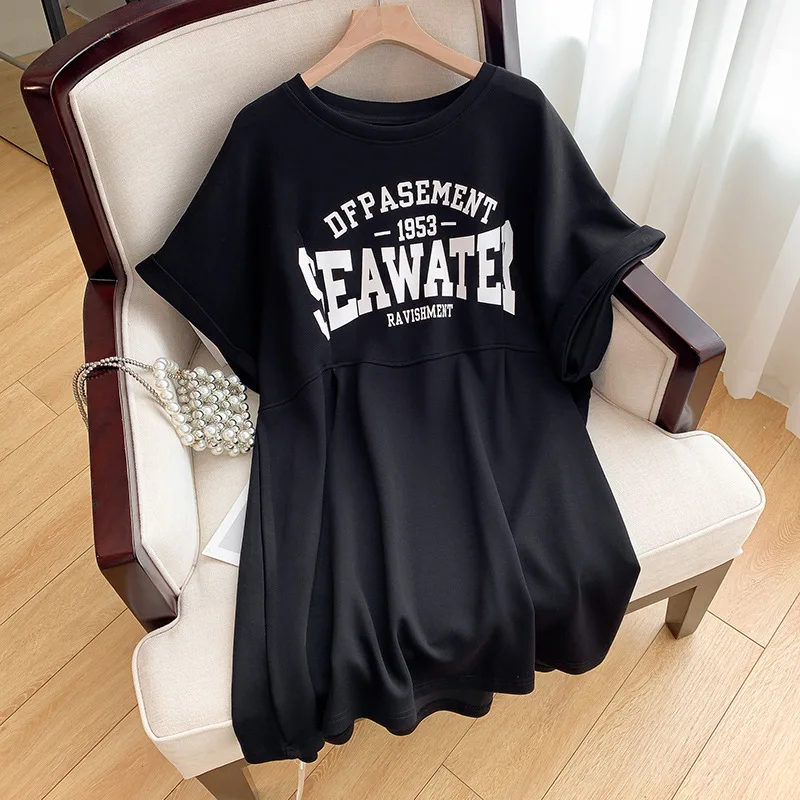 160Kg Plus Size Women\'s Bust 160 Summer Loose Round Neck Short Sleeve Letter Printed Dress 2 Colors 6XL 7XL 8XL 9XL 10XL