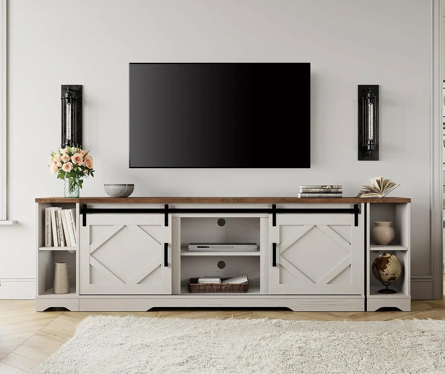Farmhouse TV Stand for 85-95 inch TV with Distressed Wood Finish | 85.8