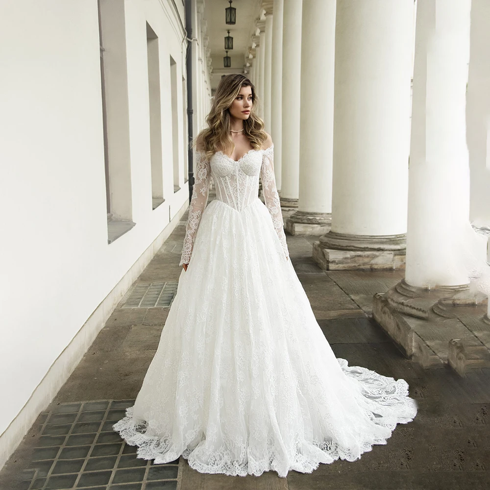 White Lace Wedding Dresses Off Shoulder Long Sleeve A Line Bride Dress Strapless Long Train Summer Garden Bridal Gown Customized