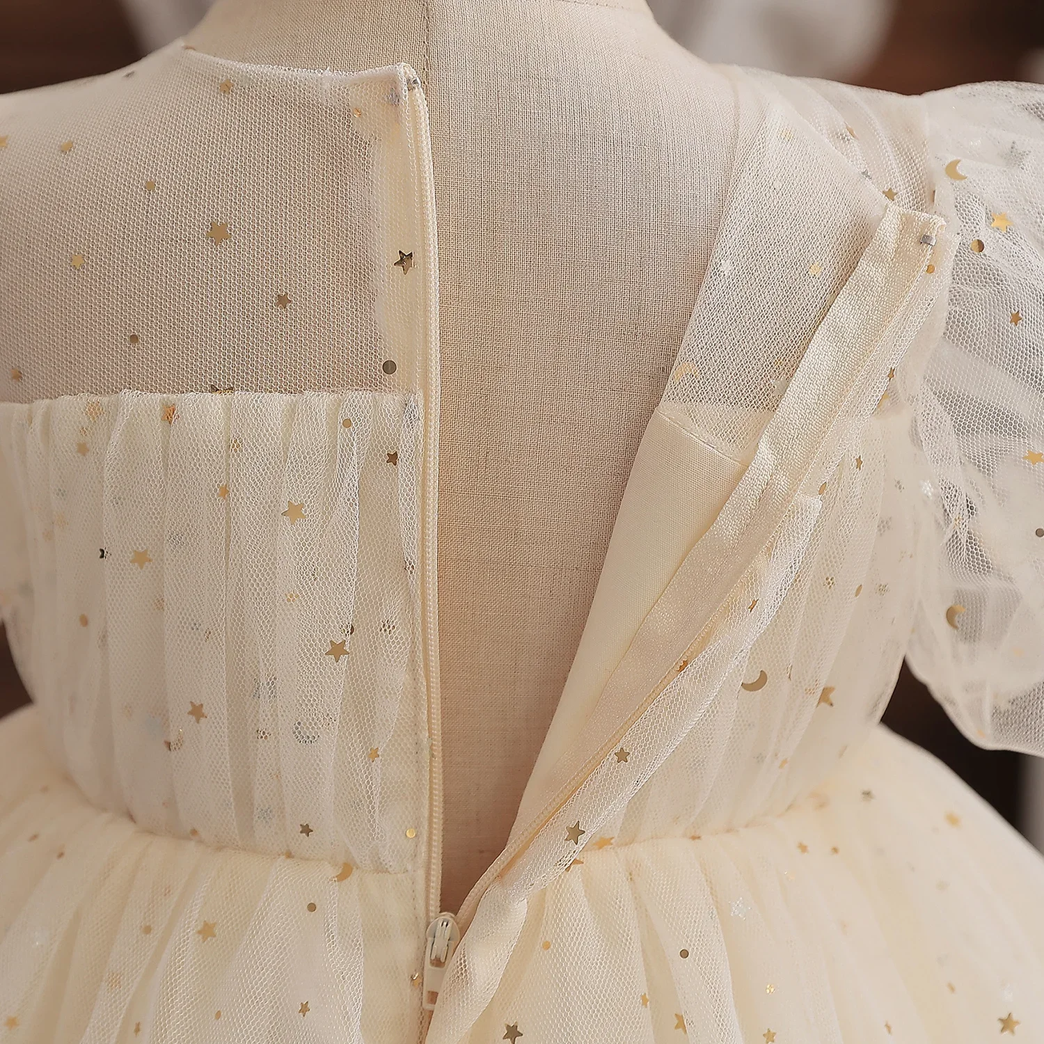 Vestido de princesa de fiesta para niña pequeña, trajes de primer cumpleaños champán, manga abombada, tutú de lentejuelas, ropa de Gala de verano