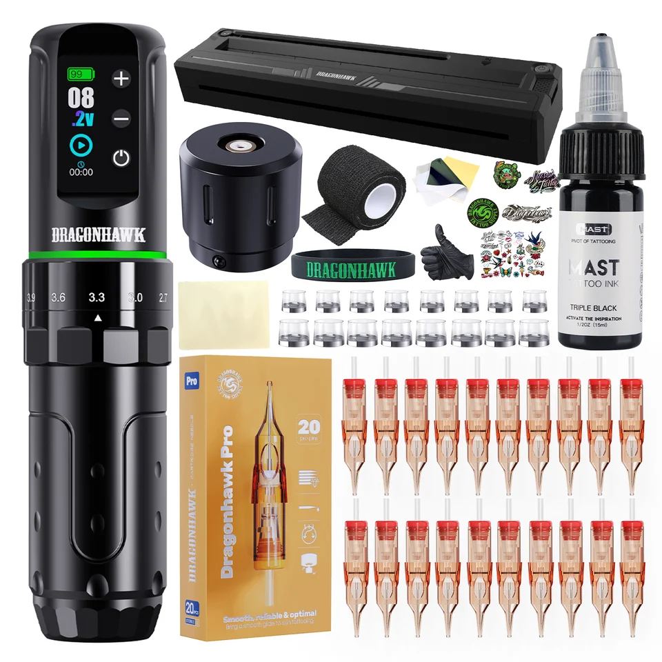 Kit de tatuaje Dragonhawk L3 completo con impresora térmica de plantillas, bolígrafo de tatuar inalámbrico de 7 carreras, 20 agujas de cartucho para principiantes