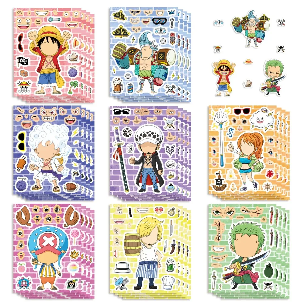 8/16/24Sheets One Piece Luffy Children Puzzle Stickers Make-a-Face Assemble Scrapbook, mobile phone, notebook,  party gift