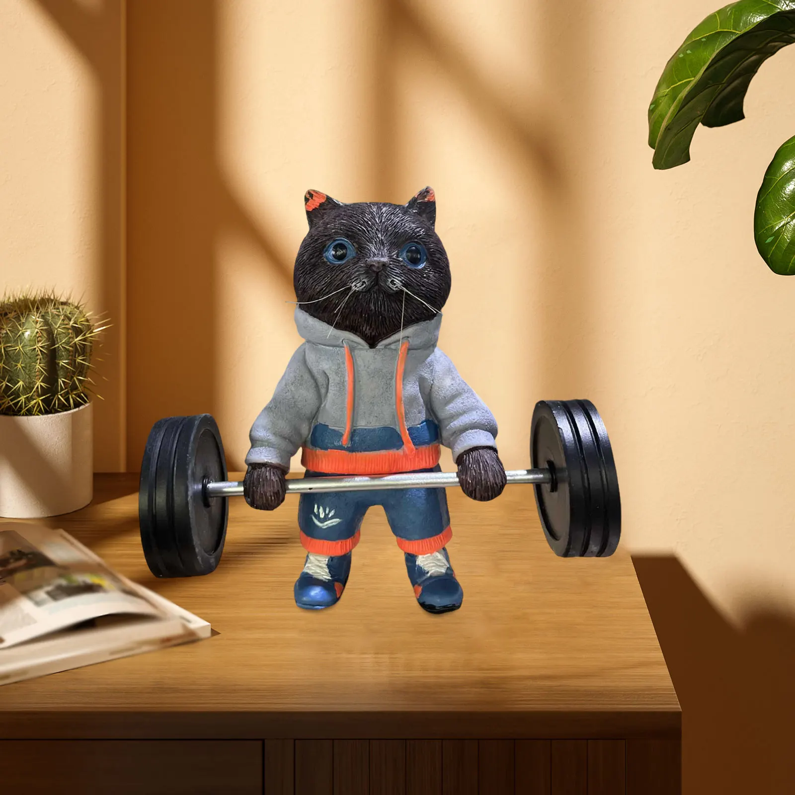 Cat Figurine Funny Gifts Cat Lifting Barbell Office Ornaments Cute Fitness Cat Sculpture for Home Office Gym Gifts Indoor Women