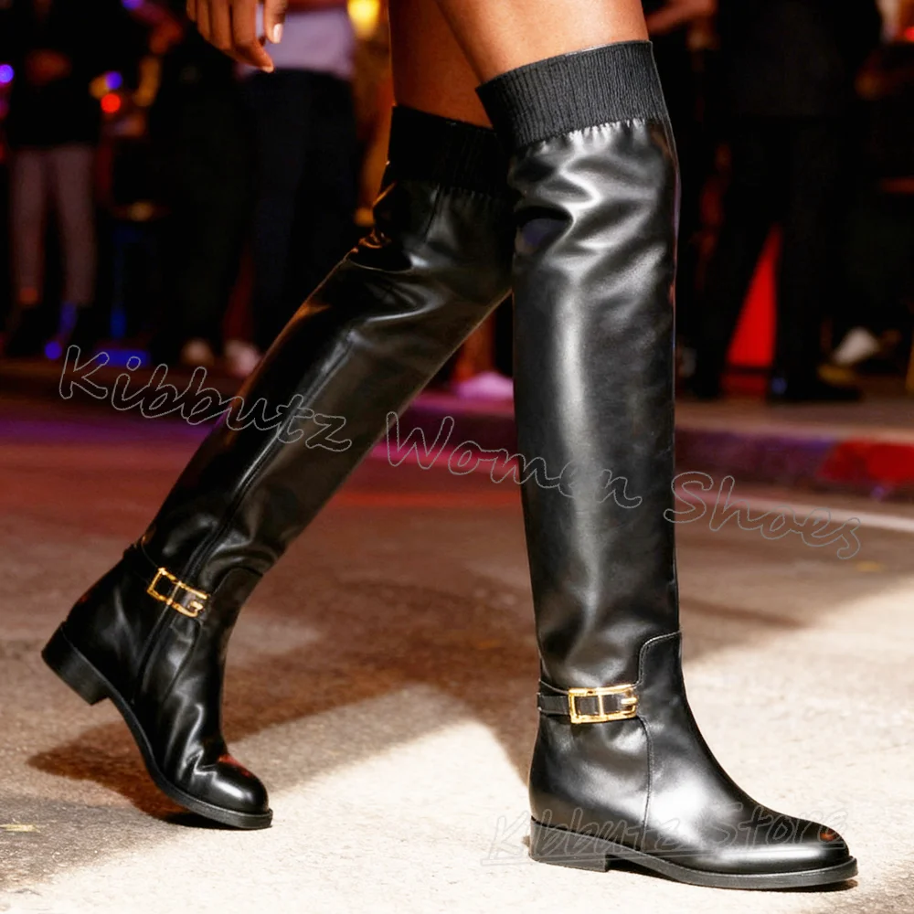 

Knee High Chelsea Boots Belt Buckle Leather Fashion Concise Women Shoes Round Toe Chunky Heel Slip-On Novelty Luxury Solid Color