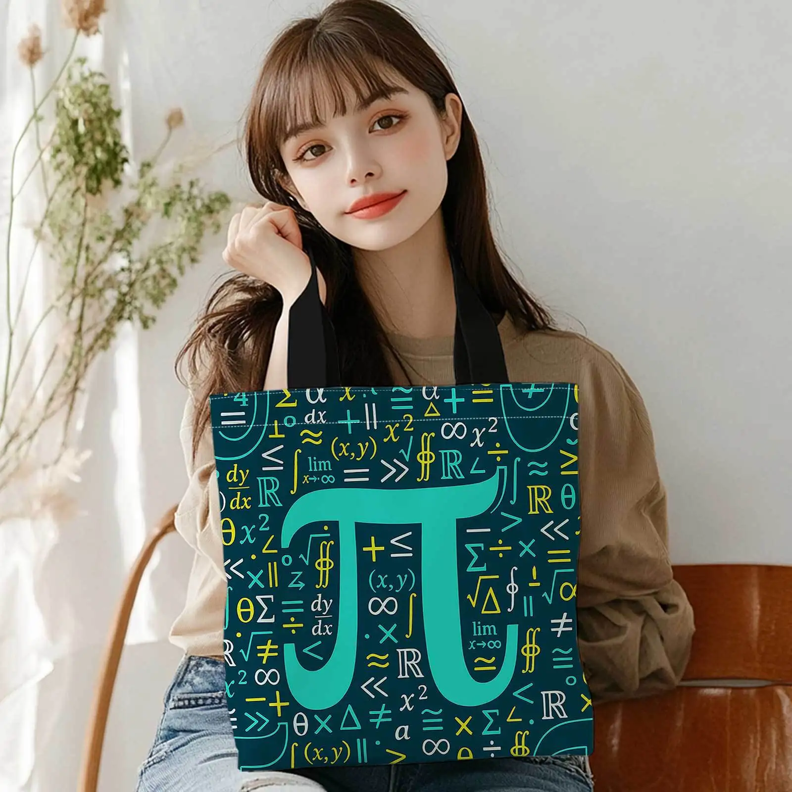 Double-Sided Printed Shopping Tote Bag with Mathematical Symbols, Pi (π), and Formulas on Teal Background. Lightweight, Foldable view 4