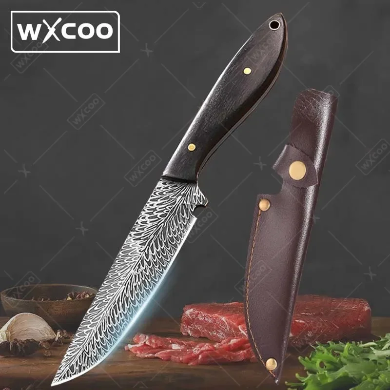 

1PC Portable Damascus Steel Knife with Shadow Laser Pattern Straight Knife Utility Knife Cooking Knife