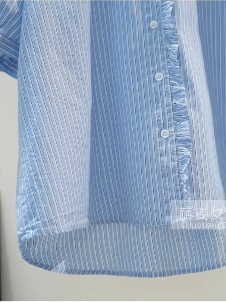 الصيف الدانتيل الأزرق الأبيض منقوشة رقيقة القطن البلوزات بيتر بان طوق قصيرة الأكمام الحلو قصيرة فضفاضة قمصان السيدات قمم