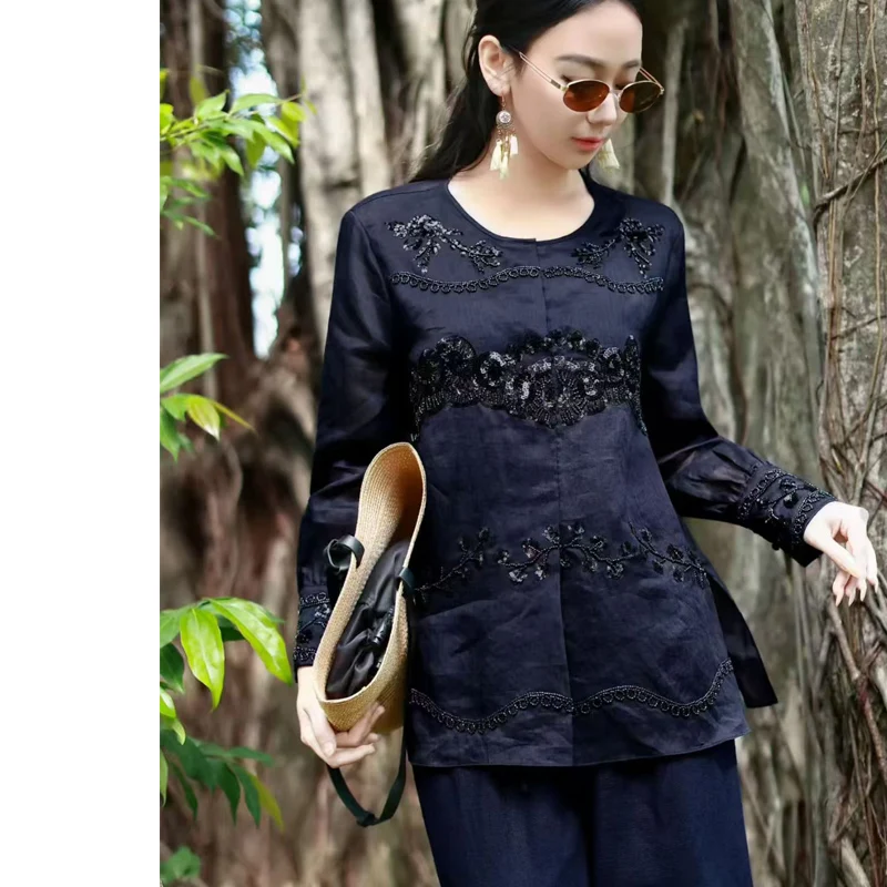 

Весенне-летняя новая женская рубашка с круглым вырезом из ткани рами с вышивкой бисером, модная и удобная, размеры S-XL