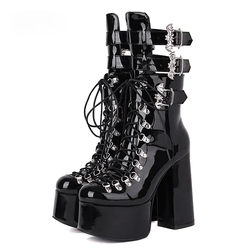 Gothic Style Black Platform Boots Bat Wings Sexy Clube Night Modern Boots Women Mid Calf Ankel Buckle Strap Plus Size 46