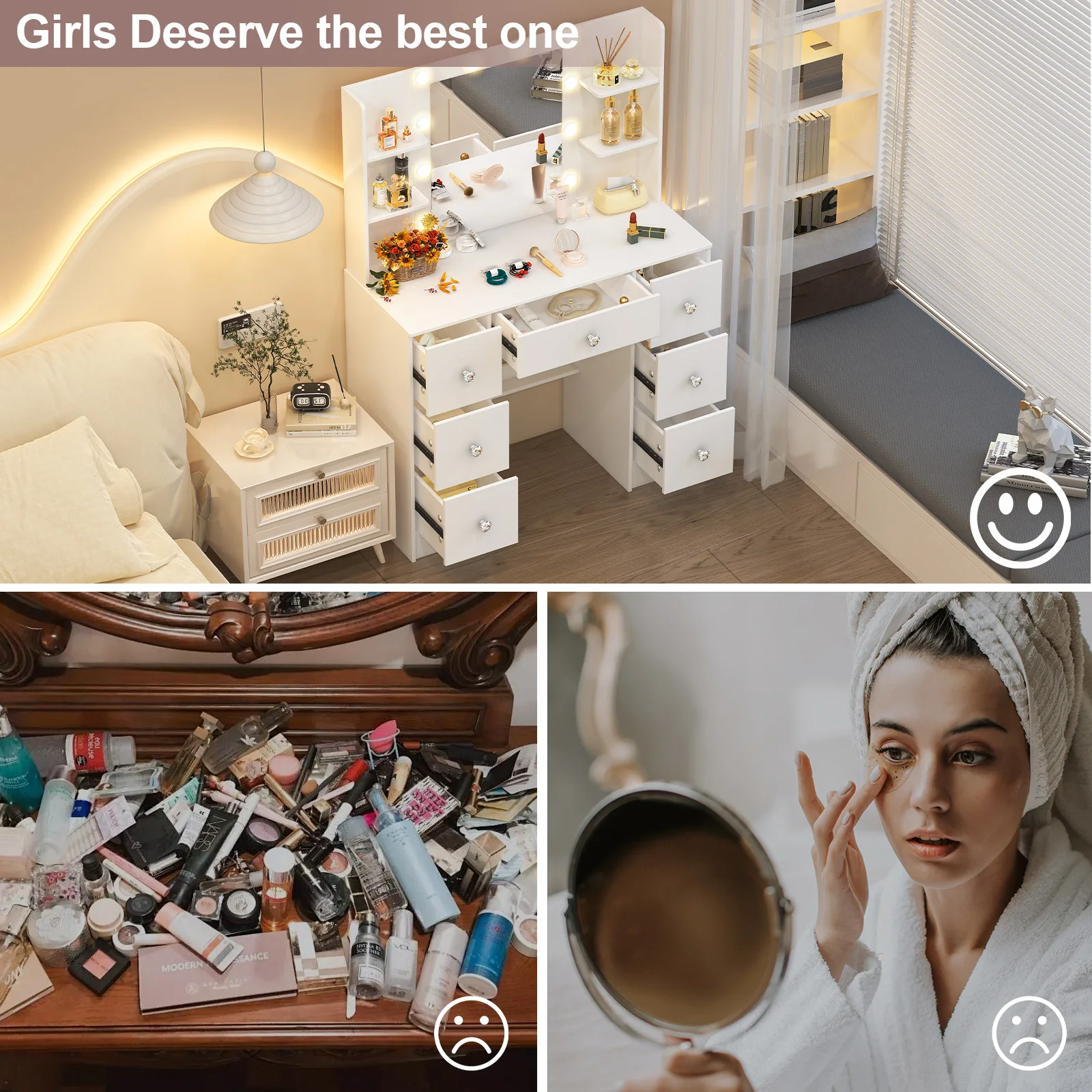 طاولة زينة خشبية معاصرة مع مرآة مضيئة - 3 أوضاع قابلة للتعتيم وأدراج وتخزين