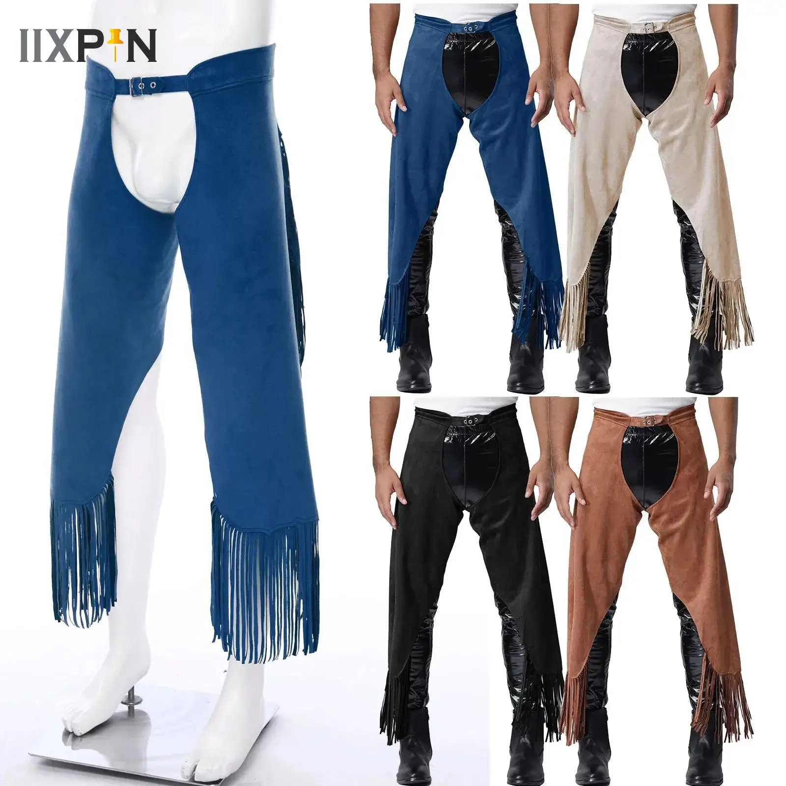 

Men Suede Fringe Cowboy Pants Vintage Tassels Gothic Steampunk Chaps Pants Halloween Dress Up Party Costume Rave Clubwear