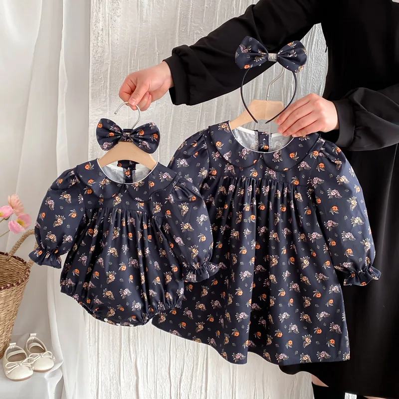 

Одежда с цветочным принтом «Маленькая сестра, старшая сестра», одинаковая одежда для маленьких девочек и сестер, боди для новорожденных, детское платье с длинными рукавами