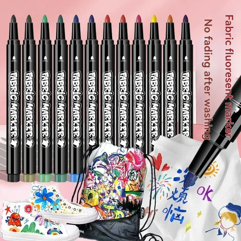 12/24Pcs Fabric Markers Textile Paint Pens Permanent, Markers for T-Shirt Clothes Canvas Bag DIY Graffiti Art Drawing