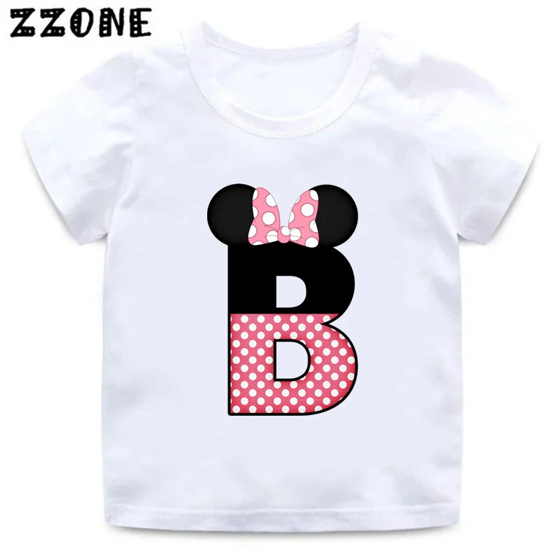 Hot Sale Kids T-Shirts Pink Mouse Name Letter 26 Alphabet Print Girls Clothes Cartoon Funny Children T shirt Baby Tops,HKP2464