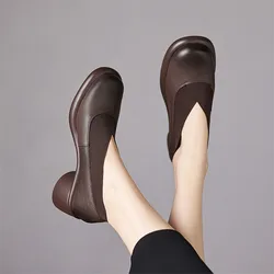 Hot New Spring Split Leather Women Shoes Round Toe Women Pumps Shoes for Women Chunky Heels Deep Mouth Loafers Zapatos Mujer