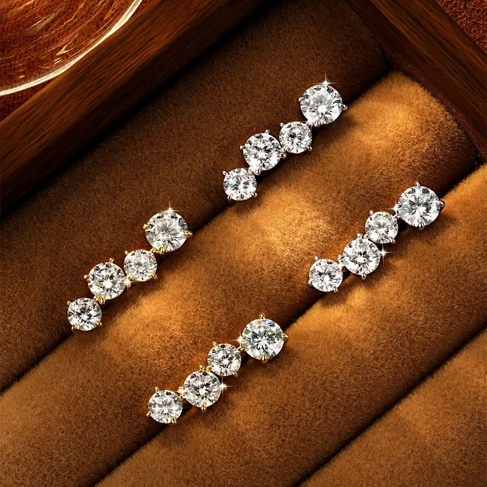 Lnngy Sparling 5mm&4.5mm&4mm Moissanite Climber Earring For Women Single Row Lab Diamond Stud Earrings Daily Jewelry Gift