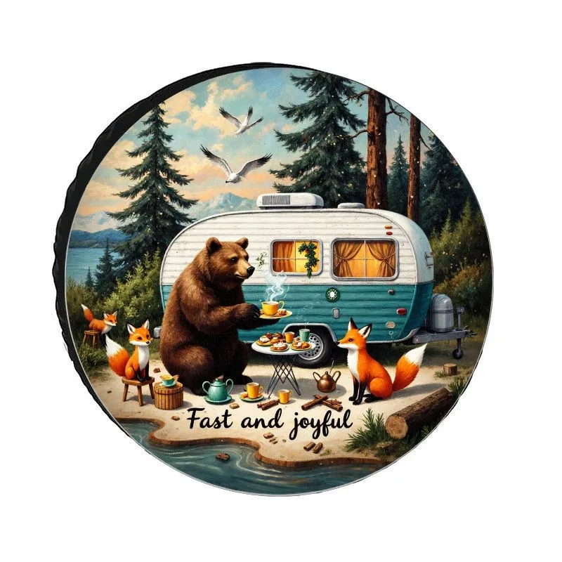 

Bear And Fox Camping Art Tire Cover Polyester Sun Protection RV Truck Spare Wheel Protector