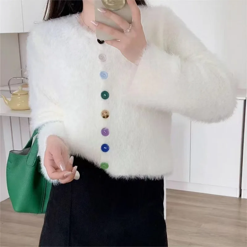 

Gentle Style Colorful Button Sweater Jacket For Women In Autumn 2024, With A Lazy And Soft Texture Resembling Mink Fur Knitted