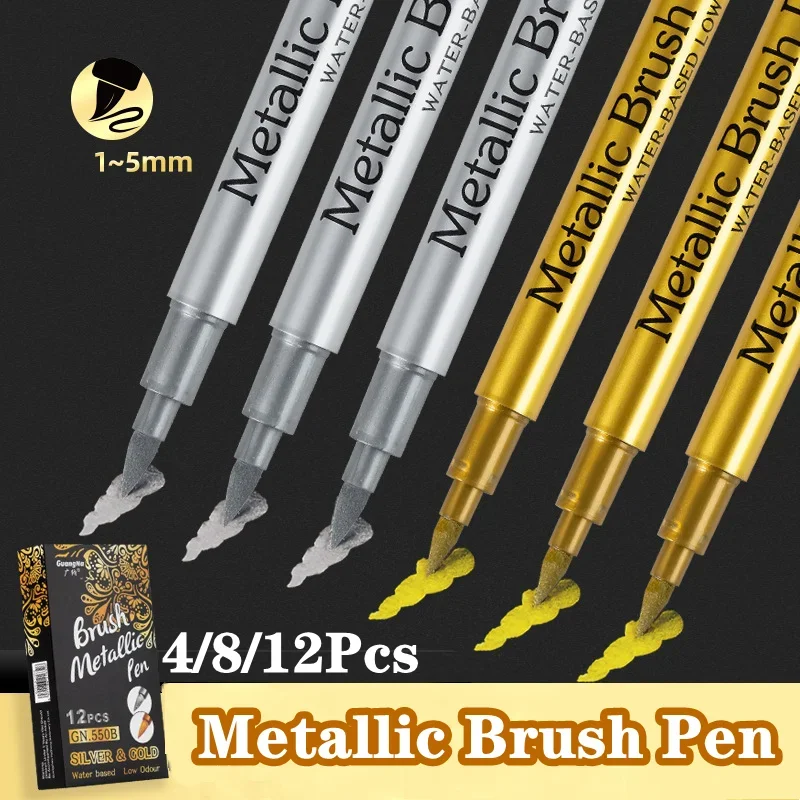 Marker Pen Gold Silver Brush Metallic Markers Pens Permanent Paint for Rock Painting, Mug, Ceramic, Glass DIY Painting Supplies