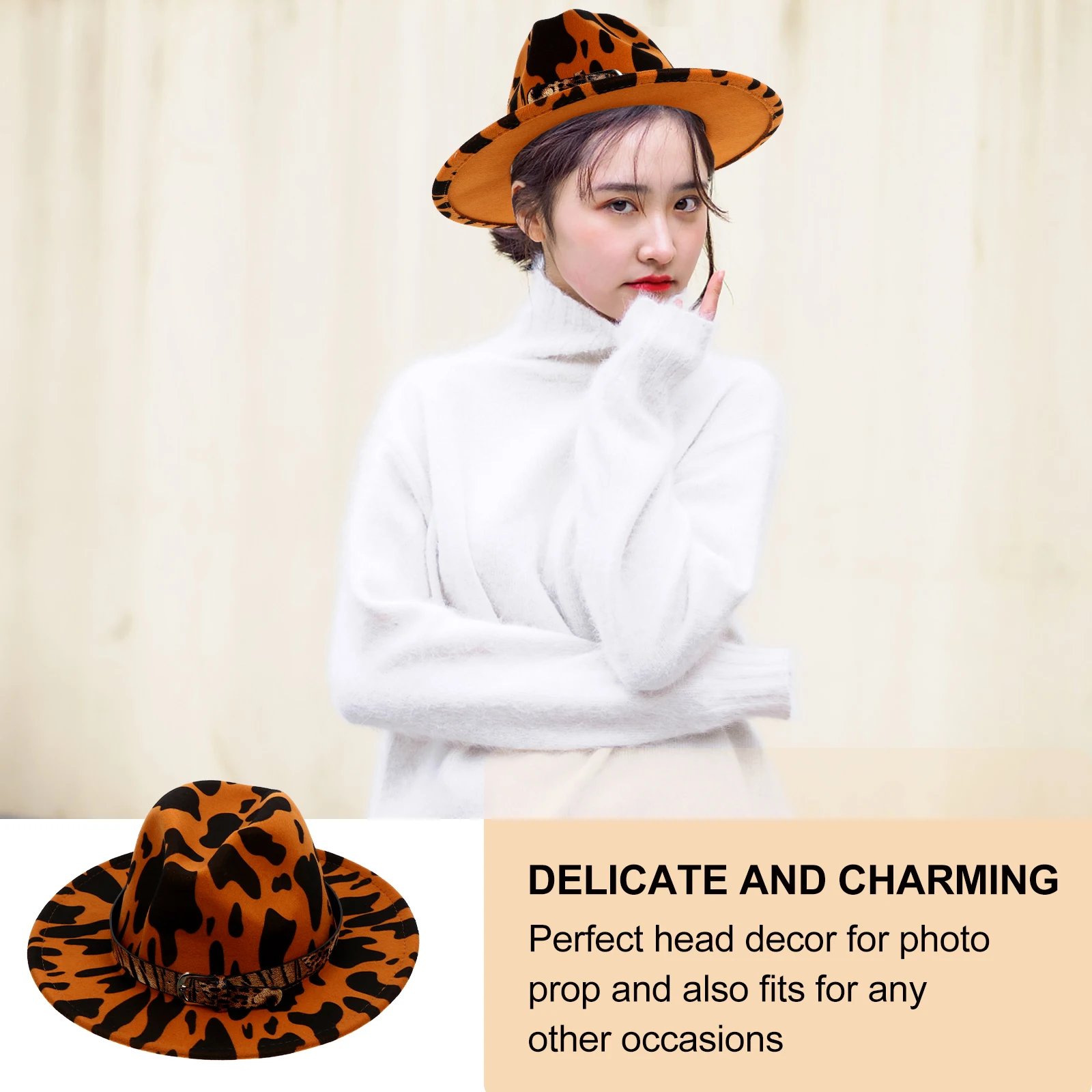 

Leopard Print Party Hat Flat Edge Belt Decor Jazz Cosplay Stage Fedora Windproof Sunshade All Seasons Ladies Retro Performance