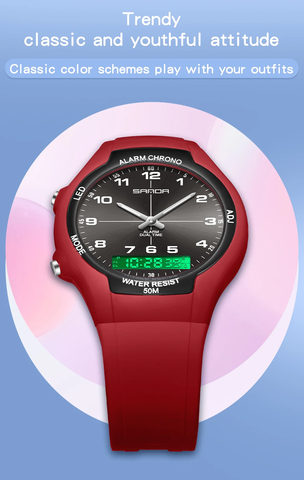 SANDA 6320 Neue Sportliche Wasserdichte Damenuhr Digitale Nachtlicht-Weckuhr für Männer und Frauen, Studentenuhr – Detail 13
