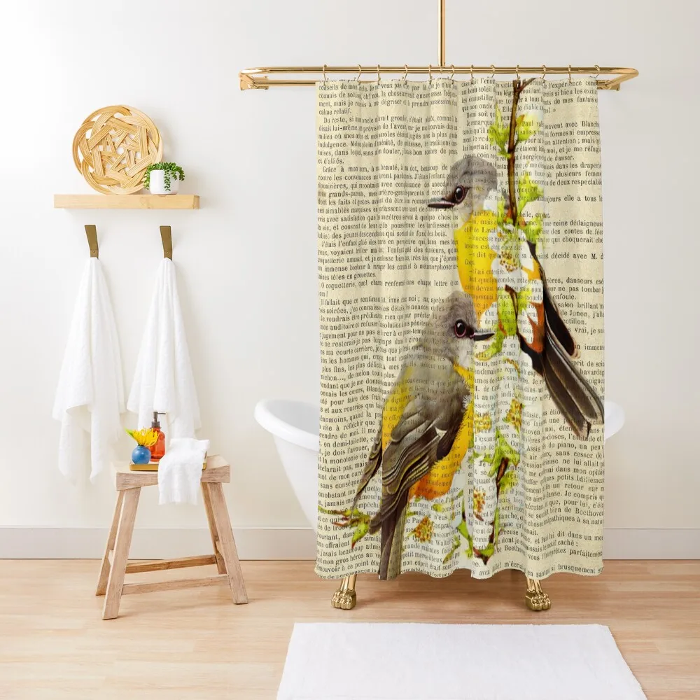 

botanical print on old book page - spring birds Shower Curtain Shower Bath Modern Bathroom Accessories In The Bathroom Curtain