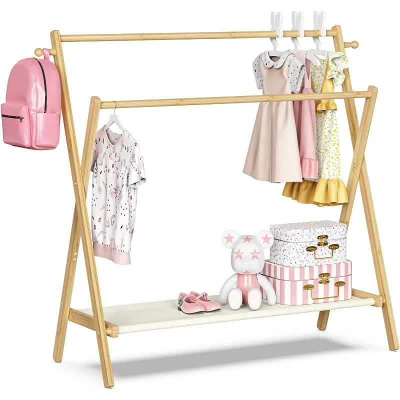 Kids Clothing Rack, Kids Dress Up Rack with Storage Shelf & Double Rods, Foldable Kids Dress Up Clothes Rack for Toddler