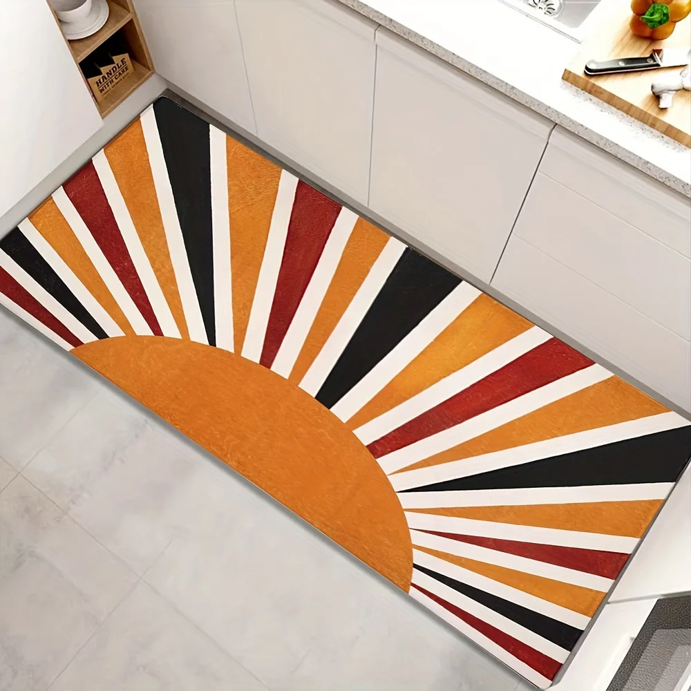 Retro Orange Sun Rays Kitchen Runner Mat Anti Slip Black White Red Stripe Sunset Print Carpet for Kitchen Hall Bathroom Room