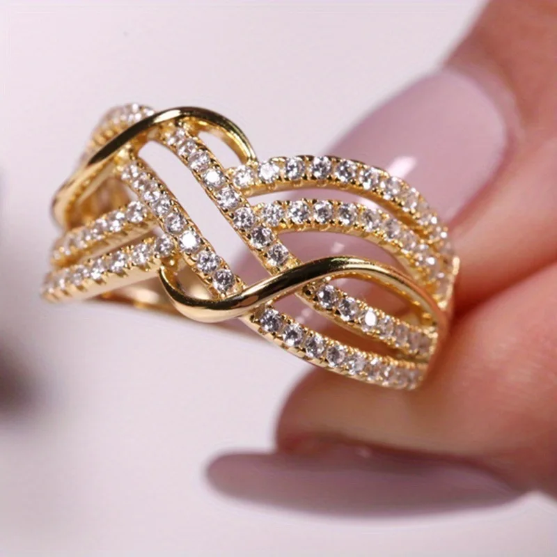 Dazzling Gold Color Cross Ring for Women Metal White Stone Rings Women Engagement Party Ring Jewelry