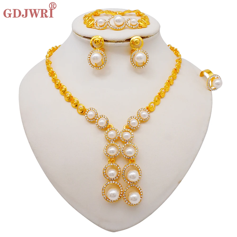 Luxus Dubai Gold Farbe Doppels chicht Halskette Schmuck Sets für Frauen afrikanischen Wasser tropfen Kristalls chmuck indischen Set Geschenke – Detail 33