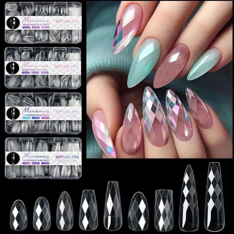 

120/140pcs/Box Square Almond Coffin Nail Extension Tips Natural Clear Full Cover Nails Dual Form 3D Diamond Soft Gel Nail Tips