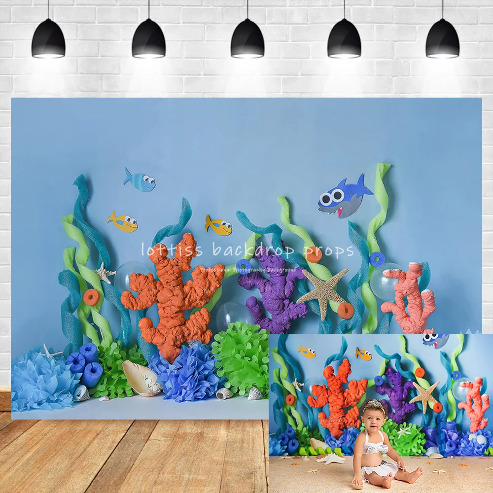 Aquarium Undersea Backdrop Photography Kids Cake Smash Child Baby Birthday Party Props Fish Shark Coral Background Photostudio