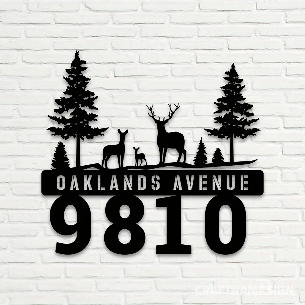

Custom Deer Family - Themed Metal Address Plaque Black Wall Art Removable Matte Reusable Home Entrance Living Room Decor Sign