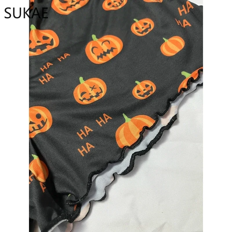 SUKAE HOT Halloween 2PCS Set Cute Prumpkin Party Nightie Spaghetti Strap Pajama Women Tank Top Shorts Lingerie Sleeveless Pijama