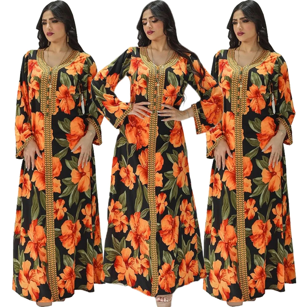 

Moroccan Jalabiya Ethnic Muslim Abaya Women Long Dress Printed V-neck Arabic Islamic Vestido Middle East Kaftan Autumn Dresses