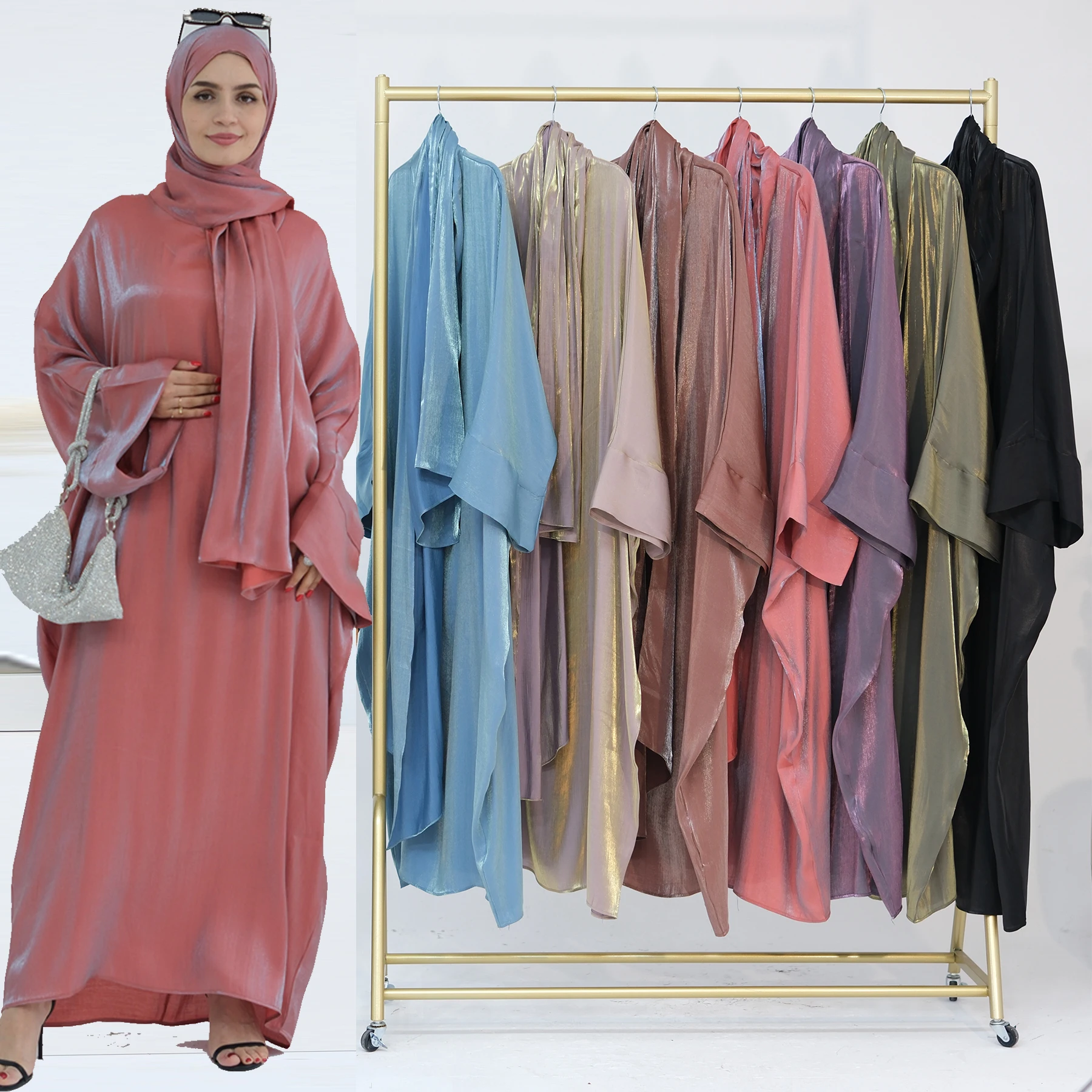 

Shiny Jalabiya Eid Djellaba Muslim Women Prayer Dress Hooded Abaya Hijab Scarf Abayas Dubai Turkey Kaftan Marocain Caftan Robe