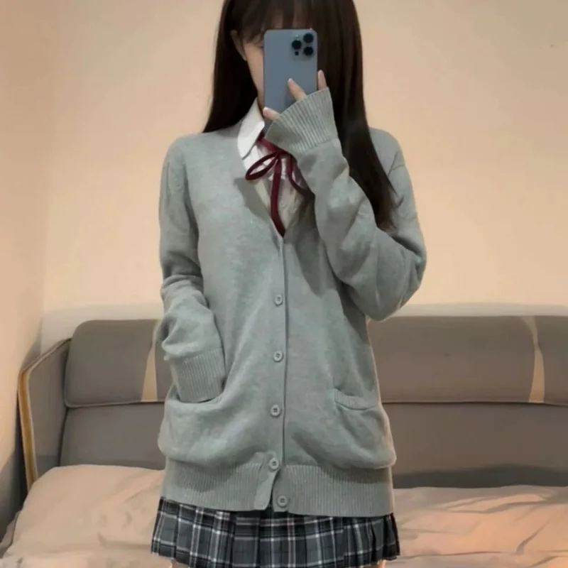 College Trui Bovenkleding Cardigan Jk Uniform Herfst Winter Japanse Effen V-Hals Knoopzak Losse Dunne Lange Mouwen Gebreide Top