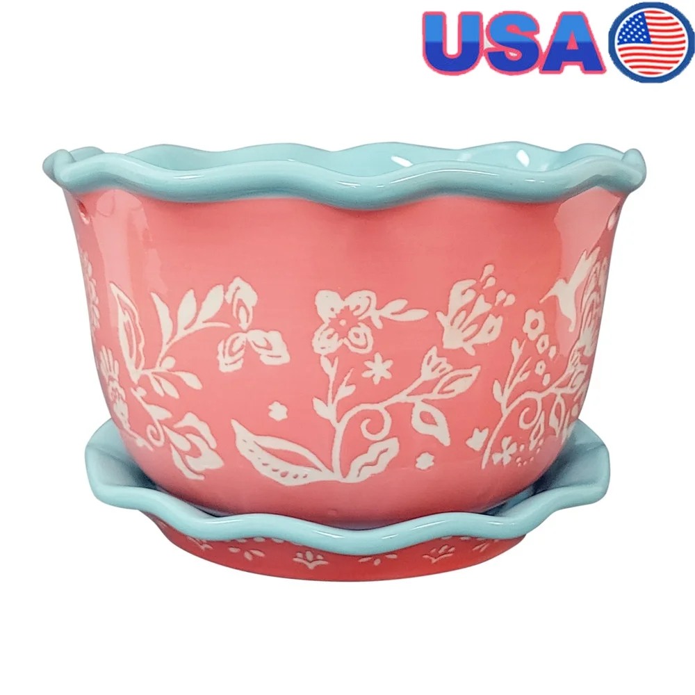 

Hanging 8 Inch Planter with Saucer Indoor Outdoor Stoneware Weather-Resistant Hand Painted Drainage Holes Rope S Hook Included