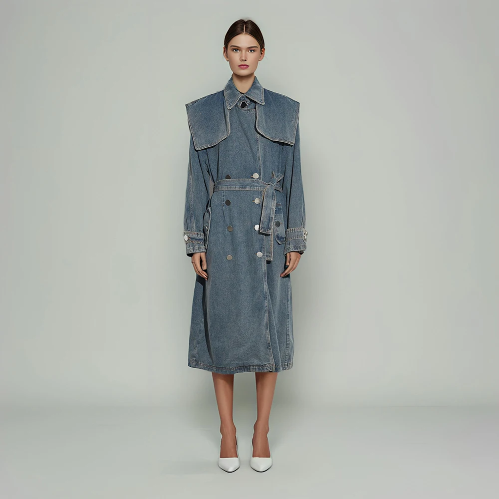 

Patchwork Lace Up Casual Tunic Denim Trenches For Women Lapel Long Sleeve Spliced Pockets Windbreakers Female New