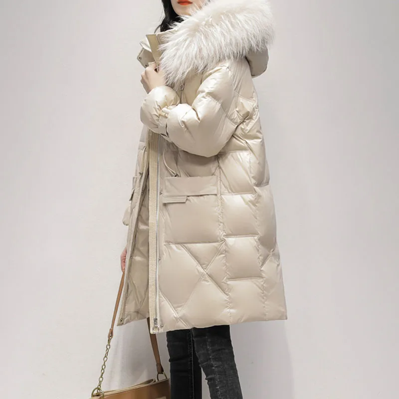 New Women Long Down Jacket Winter Snow Outerwear Female Korean Bright Face 90% White Duck Down Coat Thick Hooded Parker Overcoat