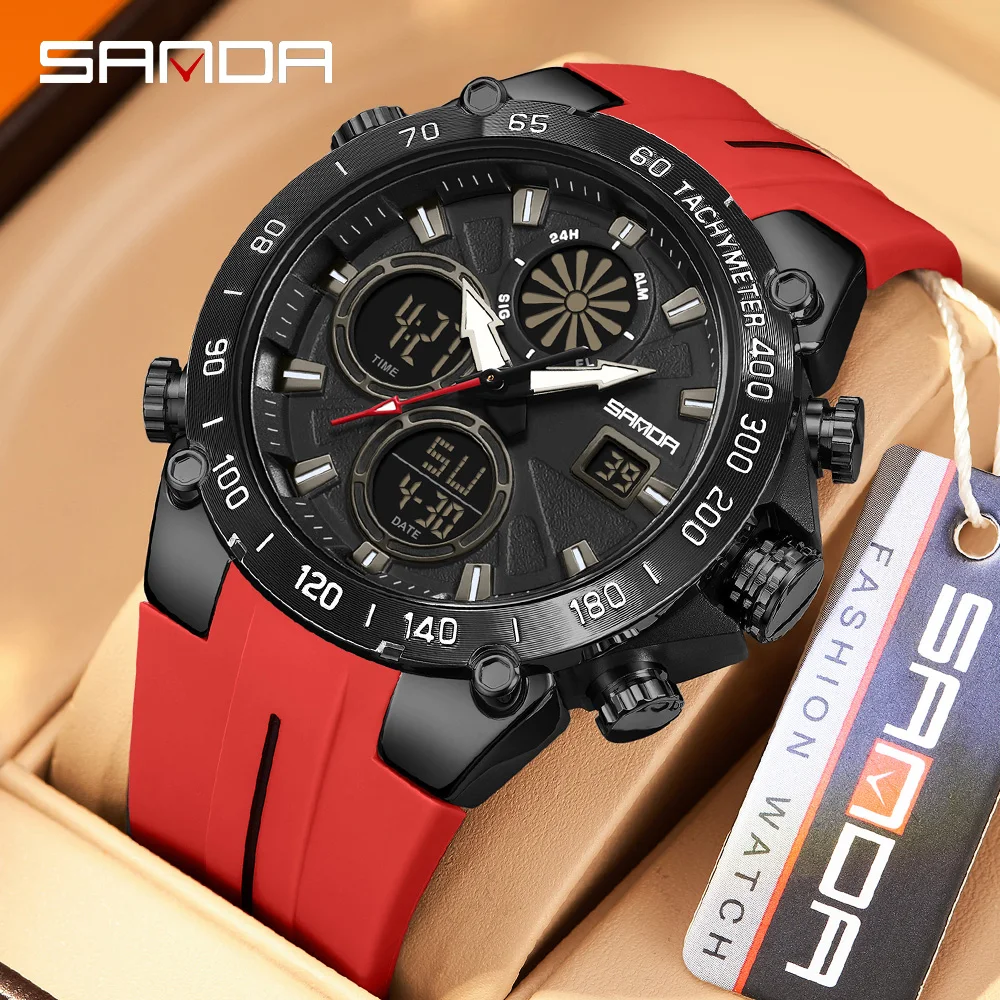 

SANDA 6262 Мужские электронные часы Спортивные многофункциональные часы с двойным дисплеем Водонепроницаемый ночник Будильник Студенческие электронные часы