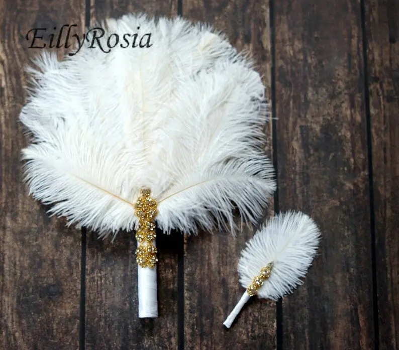 EillyRosia Men Boutonniere piuma di struzzo Great Gatsby 1920s Masquerade Fan Groomsmen spilla strass matrimonio piume Fan