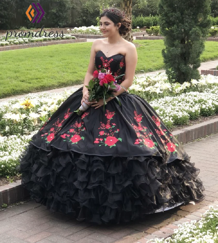 

Stunning Black Vestidos De Quinceañera With Floral Embroidery Luxury Mexican Charro Tiered Ruffles Sweet 16 Dress Vestidos De 15