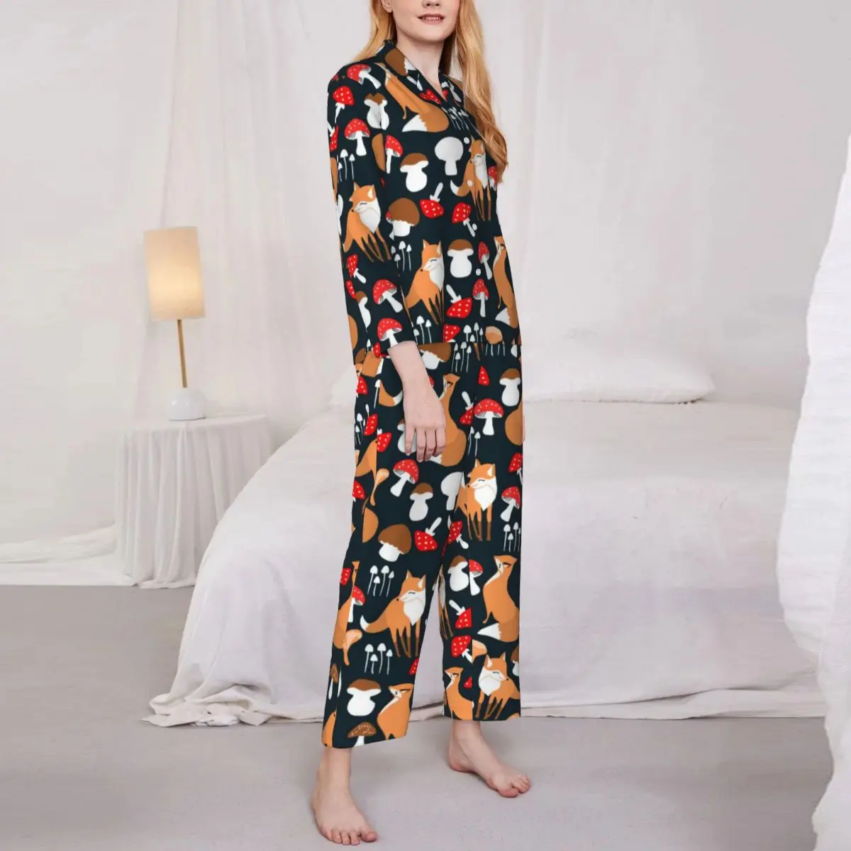 Cute Fox And Mushrooms Pajama Set Autumn Animal Print Warm Night Sleepwear Female Two Piece Loose Oversized Nightwear Gift