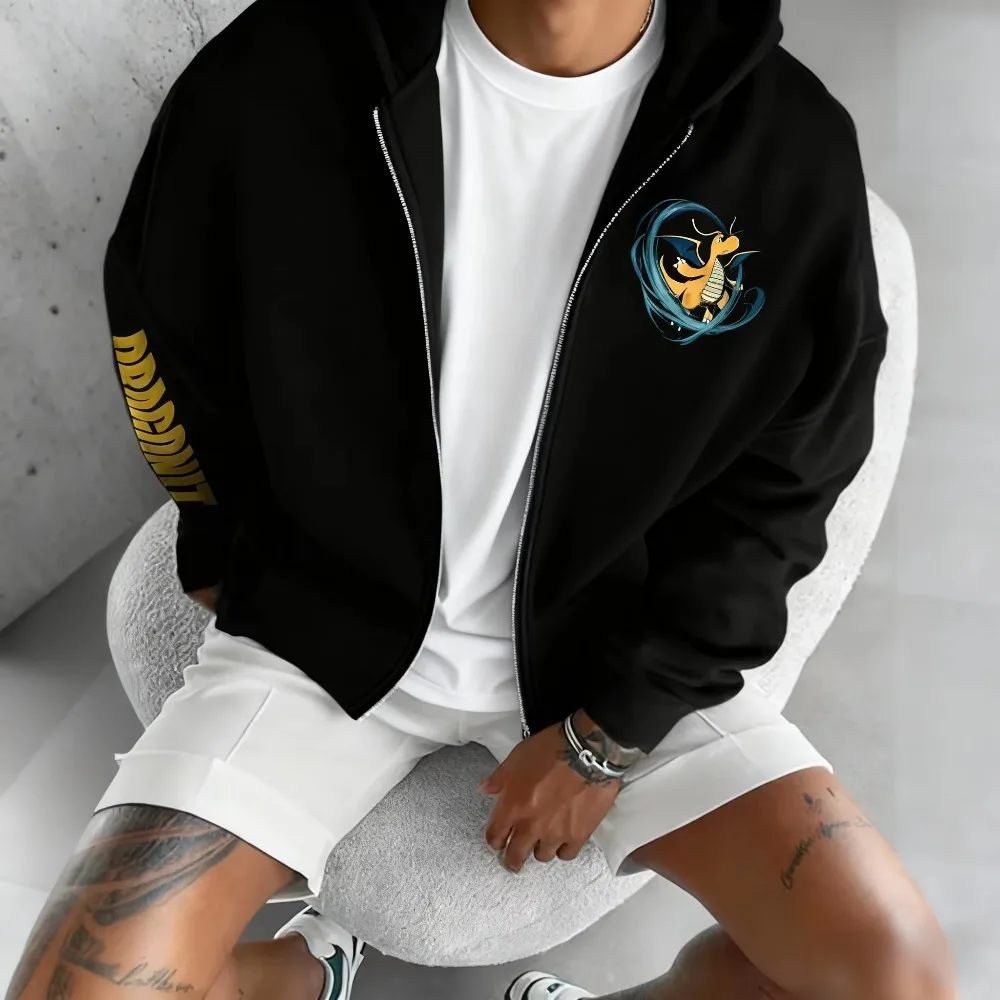 メンズ新しいポケモンゲーム共同ブランドジッパーパーカー秋/冬ユニセックス新しいドラゴニットプリントアメリカンカジュアルルーズセータートップ