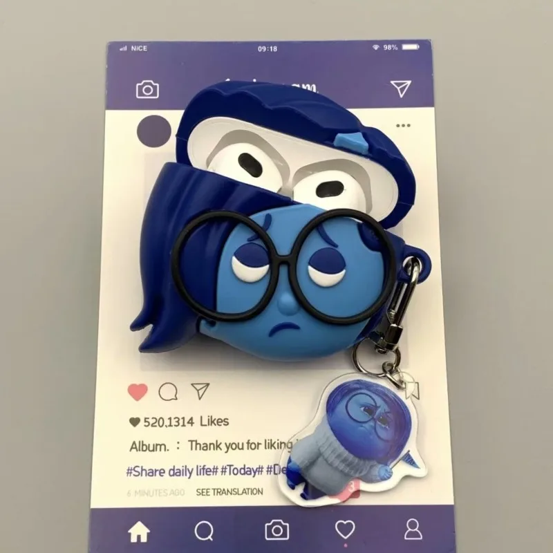 Inside Out 2 الحزن حقيبة سماعة الاذن لابل AirPods 4 3 2 1 Pro حافظة الغضب أنيمي لينة سيليكون غطاء للحماية مع هوك هدية