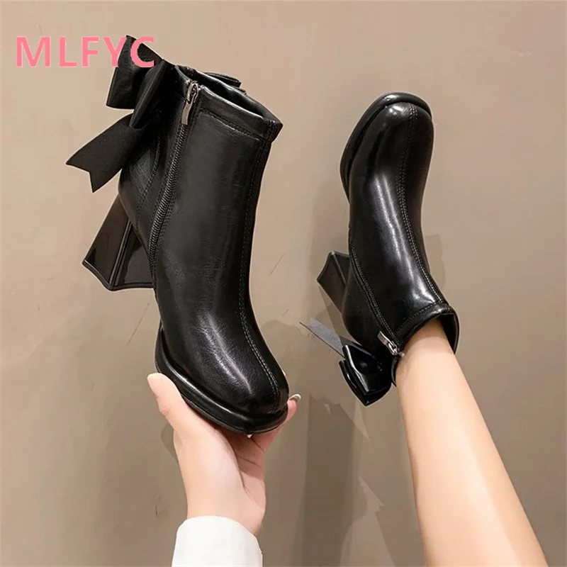 High Heel Fashion Femal Boots New Autumn and Winter Boots Thick Heel Retro Short Boots Ladies Bow Tie Side Zipper Women\'s Boots